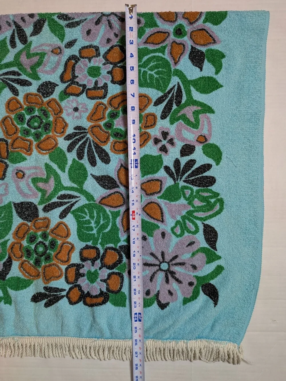 Vintage Bath Beach Towel Turquoise Flowers & Fringes